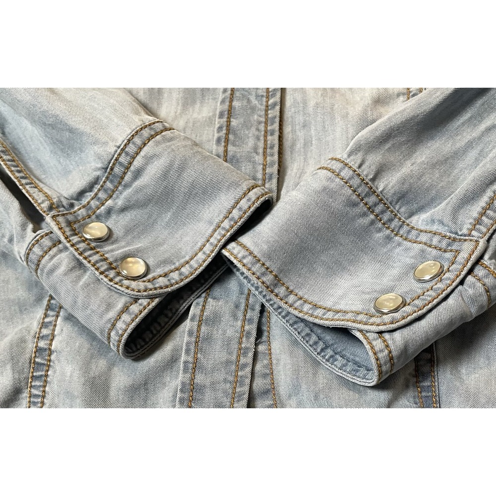 Trouve Women's Western Button Shirt Sz S Blue Tencel Pearl Snap Pockets Cowgirl - Picture 7 of 13